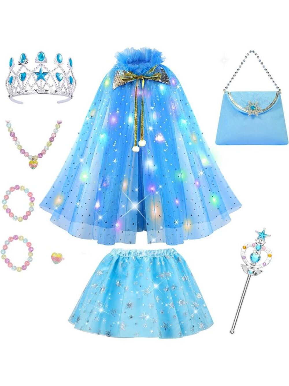 Princess Dress Up Cape with Crown & Tutu Costume Set for Girls Ages 3-8-Sky Blue